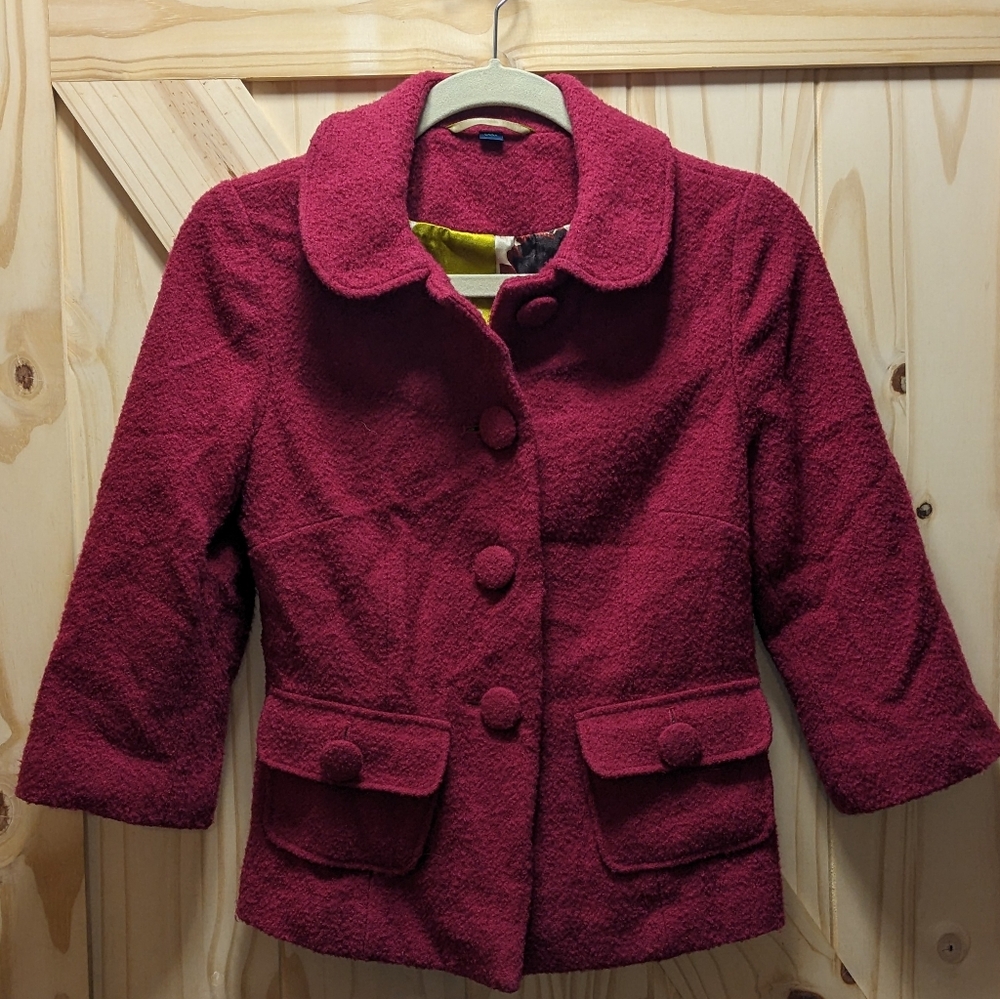 Boden Fuchsia Wool Blend Bouclé Cropped Jacket, Size 8